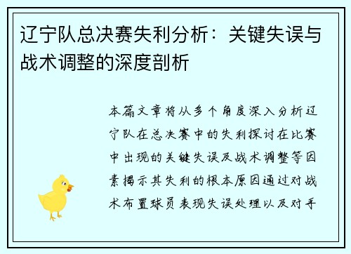 辽宁队总决赛失利分析：关键失误与战术调整的深度剖析