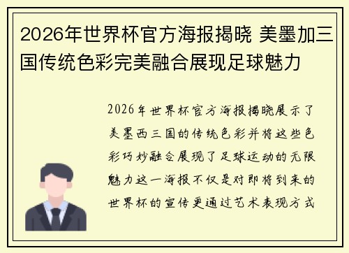 2026年世界杯官方海报揭晓 美墨加三国传统色彩完美融合展现足球魅力
